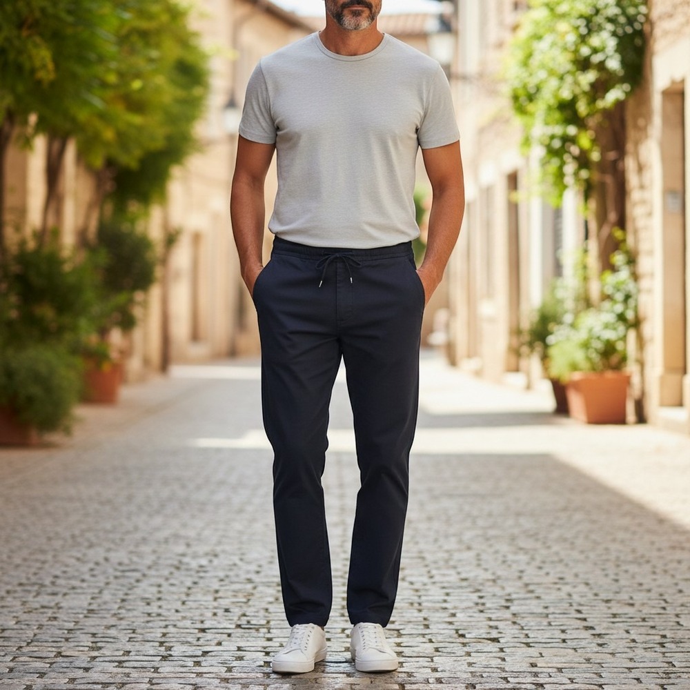 Hugo Boss Mens Navy Blue Drawstring Elastic Waist Tapered Canvas Pants 40x31